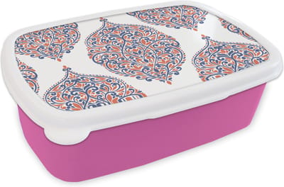 Broodtrommel Roze - Lunchbox - Brooddoos - Patronen - Blauw - Oranje - 18x12x6 cm - Kinderen - Meisje