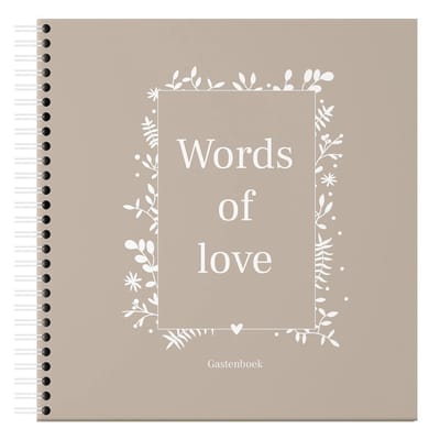 Fyllbooks - Guestbook Words of Love - Invulboek Gastenboek - Geschikt voor: Bruiloft, Huwelijk, Jubileum, Verjaardag of andere gelegenheid - Taupe - 96 Pagina's