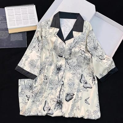 Dames Nachthemd met Bloemen- en Vlinderprint Elegante Visgraat Twill Shirtrok Nieuw Zomer Slaapkleed XXL