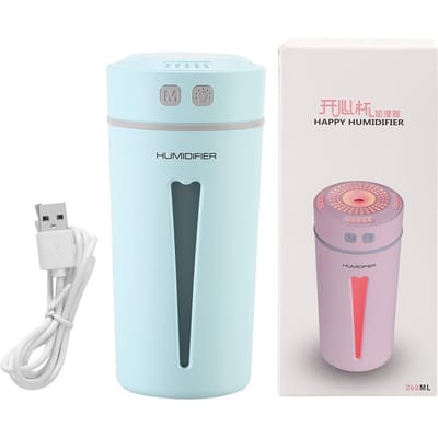 USB Bekervormige Home Office Auto Luchtbevochtiger Diffuser met Kleurrijk LED Nachtlampje (Blauw) Blue white