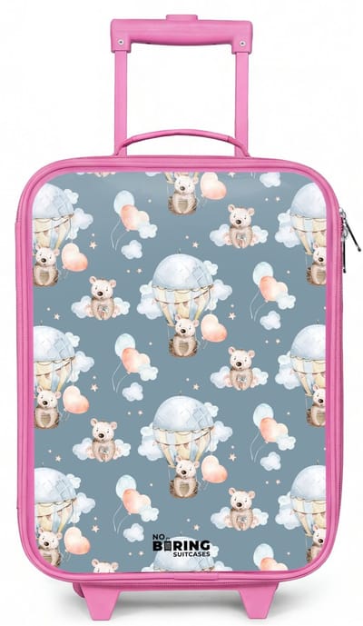 NoBoringSuitcases.com® - Kinderkoffer roze - Kindertrolley meisje - Beertjes in luchtballonnen tussen wolken en ballonnen - Koffer kind lichtgewicht - Reiskoffer trolley voor kinderen - Koffertje met lichtgevende wieltjes - Rolkoffer