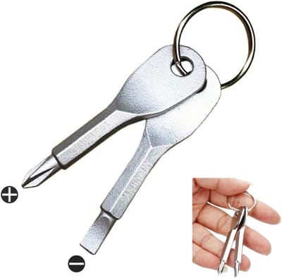 1 stuk draagbare multifunctionele schroevendraaier - zakschroevendraaier sleutelhanger - platte en kruiskopschroevendraaiers - outdoor EDC reissets - zilver