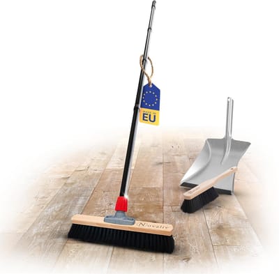 Novaliv halbezem 40 cm met steel borstelharen paardenhaar bezem inclusief veegset verzinkt met rubberen lip bestaande uit stoffer en blik handveger fijn Ideaal als werkplaatsbezem Industriële bezem met steel