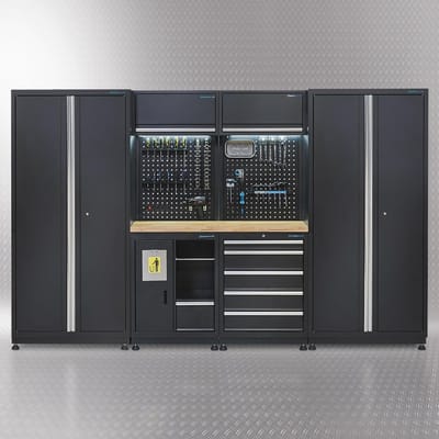 Datona® Werkplaatsinrichting PREMIUM met eiken werkblad 315 cm breed - Zwart