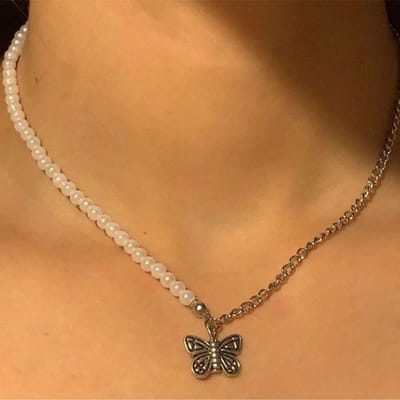 Collier Pendentif Papillon Harajuku Vintage Perle d'Imitation Métal Couture Pour Femmes Vintage Punk Cool Ras du Cou Cadeaux brown