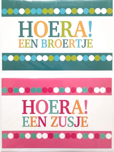 2 Wenskaarten - Geboorte Kaarten – Hoera een Broertje + Hoera een Zusje – 12 x 17 cm