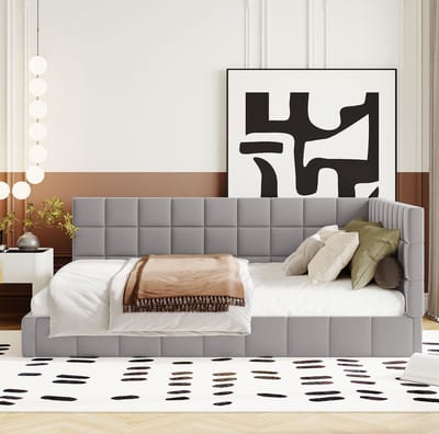 MEUNIQ slaapbank 140x200 cm met lattenbodem, gestoffeerd daybed met rugleuning en armleuning, zonder matras, 206x147x62,5 cm, grijs