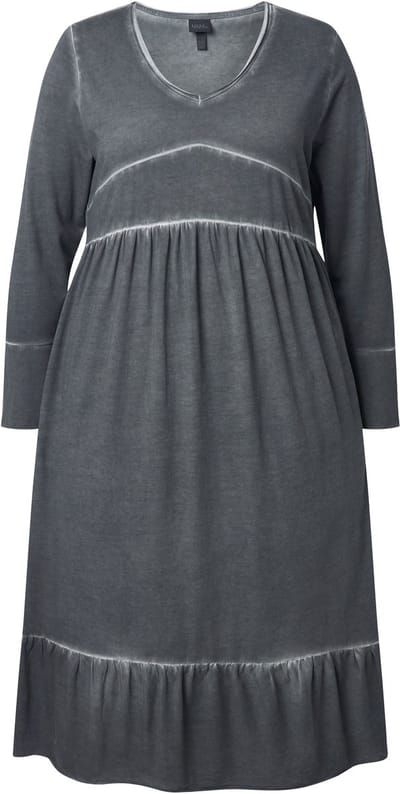 Ulla Popken - Dames - Midi-jurk cupromix A-lijn V-hals 3/4-mouw - Grafietgrijs - Maat 46+