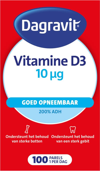 Dagravit Vitamine D 10µg parels - Ondersteunt het behoud van sterke botten en een sterk gebit - Goed opneembaar door de oliebasis - 100 parels