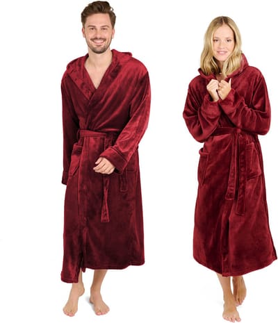 Blumtal Badjas Unisex - Dames en Heren Badjas - Fleece Badjas met Capuchon - met Zakken - Donkerrood - Maat S