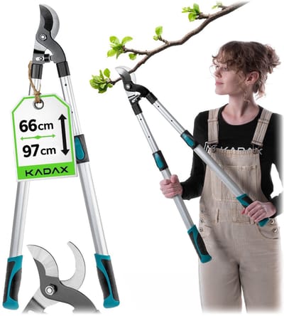 KADAX Telescopische tuinschaar met stalen messen, 64-96 cm, rozenschaar, handmatige snoeischaar met anti-slip handgrepen voor takken, bladeren, heggenschaar
