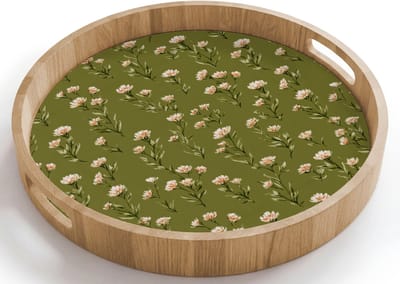 Dienblad rond 40x40 cm - Schootdienblad hout - Landelijk - Bloemen - Groen - Borrelplank rechthoek - Plateau houten dienbladen