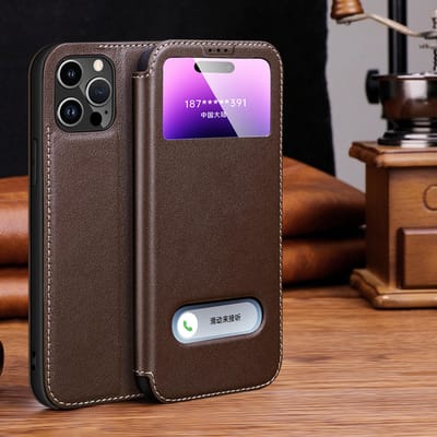 Echt Lederen Telefoonhoesje met Helder Zichtvenster voor iPhone 15 14 13 12 11 Pro Max XR XS X 7 8 Plus SE 2020 Magnetische Flip Cover iPhone 13 Pro