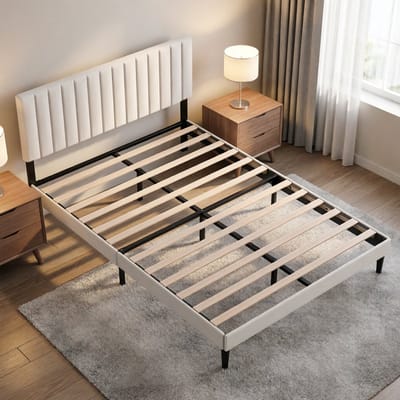KUTAS Gestoffeerd Bed - Tweepersoonsbed 140x190 cm - Metalen Bedframe - Met Hoogte Verstelbaar Hoofdeinde en Lattenbodem - Opbergruimte Onder Bed - Voor 2 personen - Draagkracht 480 kg - Beige