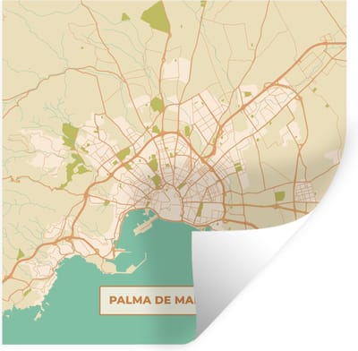 Muurstickers - Sticker Folie - Mallorca - Stadskaart - Vintage - Plattegrond - Kaart - 100x100 cm - Plakfolie - Muurstickers Kinderkamer - Zelfklevend Behang XXL - Zelfklevend behangpapier - Stickerfolie