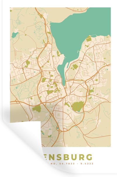 Muurstickers - Sticker Folie - Plattegrond - Flensburg - Vintage - Kaart - Stadskaart - 20x30 cm - Plakfolie - Muurstickers Kinderkamer - Zelfklevend Behang - Zelfklevend behangpapier - Stickerfolie