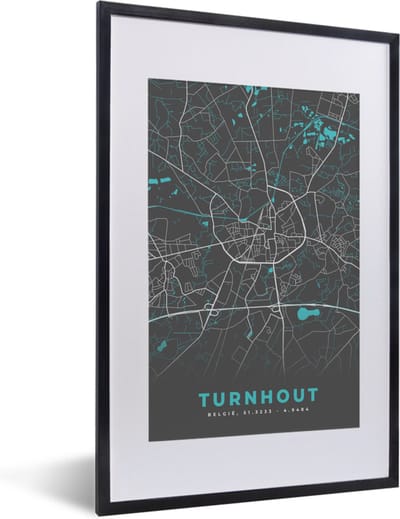 Fotolijst incl. Poster - België – Turnhout – Stadskaart – Kaart – Blauw – Plattegrond - 40x60 cm - Posterlijst