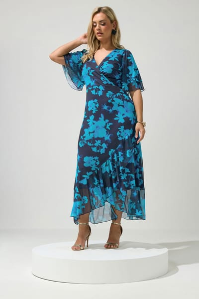 Yours London Blauwe Jurk Met Bloemenprint, Mesh En Ruches Aan De Zoom Size 40