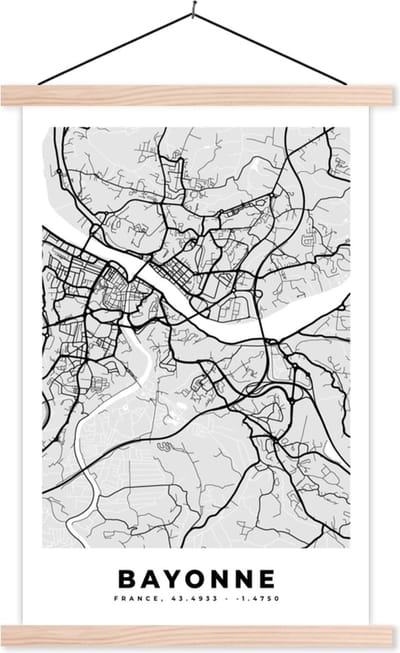 Posterhanger incl. Poster 40x60 cm - Schoolplaat - Kaart - Stadskaart - Bayonne - Plattegrond - Frankrijk - Textielposter - Blanke latten - Stadskaart