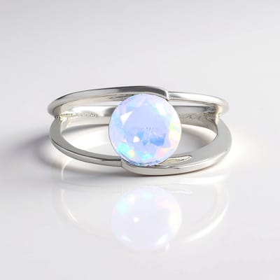 Cavill - Zilveren ring met AAA Welo-opaal 1,098 ct - 925 Sterling Zilver met platina coating - Ronde cabochon opaal 8 mm - Elegant en modern ontwerp
