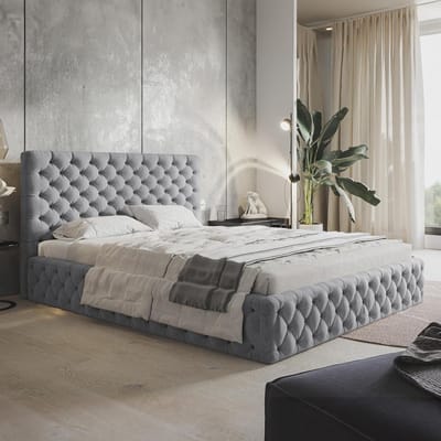 Boxspring Bed 180x200 met Opbergruimte en Hoofdbord – Luxe Chesterfield Tweepersoons Bed met Lattenbodem, Suède Bekleding, Lichtgrijs (Zonder Matras) – Laura