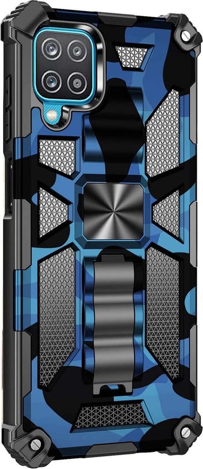 Hoesje Geschikt Voor Samsung Galaxy A12 5G hoesje rugged extreme backcover met ring houder Camouflage - Blauw