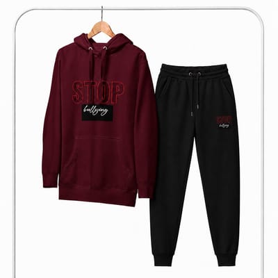 Trainingspak Heren – Hoodie Heren – Sportbroek Heren – STOP BULLYING – Katoen - Bordeauxrood - XS