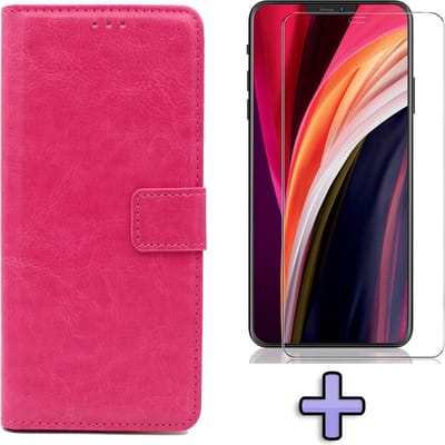 HB Hoesje Geschikt voor Apple iPhone 12 & 12 Pro Roze - Portemonnee Book Case - Kaarthouder & Magneetlipje & Glazen Screenprotector