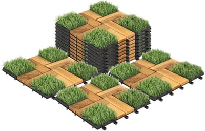 Houten Terrasvloer - Balkontegels Tuintegels - Buitenruimte Aankleden - Met Gras Inclusief - 3 m² Totaal - Groen Hout