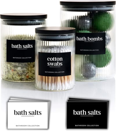 SnelShoppen - Geribbelde Glazen Badkamer Potten & Lade Set van 3 | Luchtdichte Bamboe Deksels voor Katoenen Pads, Wattenstaafjes, Badzout | Luxe Badka