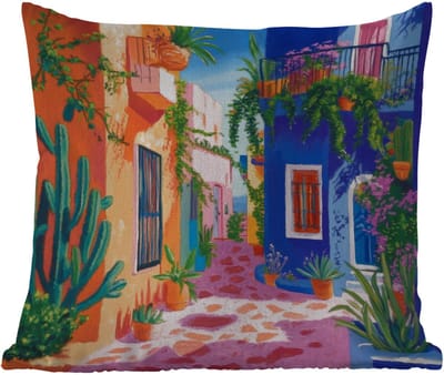 Tuinkussen - Geel - Blauw - Oranje - Huis - 40x40 cm - Weerbestendig