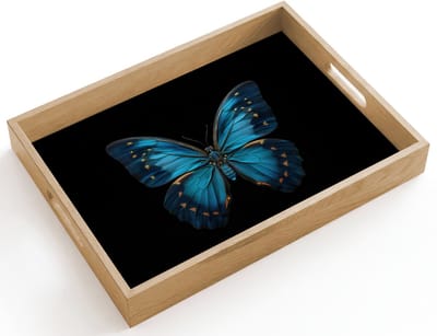 Dienblad hout 40x30 cm - Schootdienblad - Vlinder - Blauw - Contrast - Borrelplank rechthoek - Plateau dienbladen