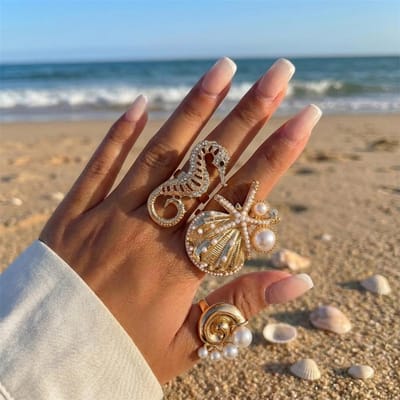 Overdreven Dikke Schelp Zeester Ringenset Voor Vrouwen Oversized Parel Strass Vingerring Oceaan Zomer Strand Vakantie Sieraden