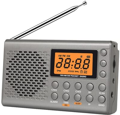 Noodradio - Draagbare radio - AM/FM/SW Mini-Radio - Batterij Radio - Kleine Draagbare Radio op Batterijen - LCD - Koptelefoonaansluiting - voor Buiten, Binnen en Noodgevallen - Grijs