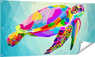 Gards Tuinposter Kleurrijke Schildpad in het Water - 140x70 cm - Tuindoek - Tuindecoratie - Wanddecoratie buiten - Tuinschilderij