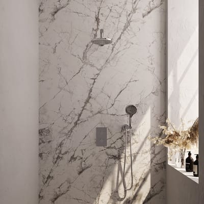 Brauer Chrome Carving thermostatische inbouw regendouche 3-weg omstelling SET 31 met 20 cm douchekop en rechte muurarm en 3-standen handdouche en doucheslang en wandaansluitbocht chroom
