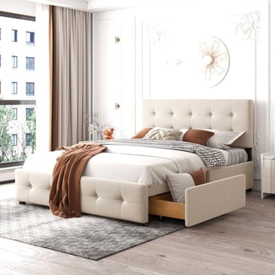 Gestoffeerd Bed 140x200 cm met 4 Opbergladen – Comfortabel Tweepersoonsbed met Hoogwaardige en Duurzame Afwerking – Zacht Velvet – Beige
