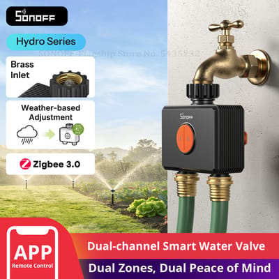 SONOFF Hydro DUO Dual-Channel Zigbee Slimme Waterklep met Debietmeter, Messing Aansluiting, Seizoensgebonden Waterbesparing, App Lek- & Vorstalarm