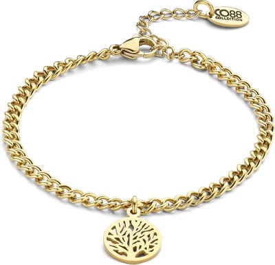 CO88 Collection 8CB-90772 Stalen Armband - Gourmette Schakel - Met Hangertje - Levensboom - 16,5 + 3 cm - Goudkleurig