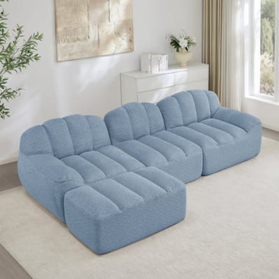 3-zits L-vormige modulaire sofa zonder frame – schelpvormig – diepe zitting – inclusief 1 voetenbankje, woonkamersofa – kant-en-klaar – blauw