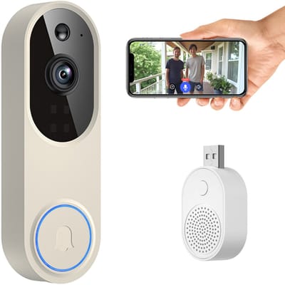 Deurbel draadloos – Deurbellen met camera - Deurbel draadloos met camera voor familie – Veilige slimme videodeurbel met hd nachtzicht en intercomfunctie op afstand – Betrouwbare huisbeveiliging – Beige