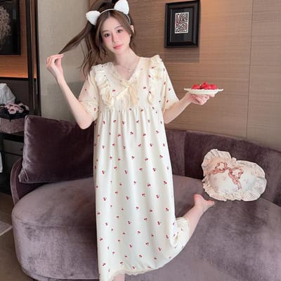 Geruit Kersenprint Nachthemd Nachtkleding Dames Koreaanse Stijl Ruches Nachtjurk Pyjama's Zomer Korte Mouw Huiskleding Nieuw Binnen 3XL white