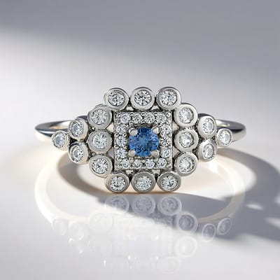 Cavill - 925 Sterling Zilver Ring Geplatineerd - Onverhitte Blauwe Ceylon Saffier 0 101 ct - Cambodjaanse Zirkonen Totaal 0 574 ct - Vintage Stijl