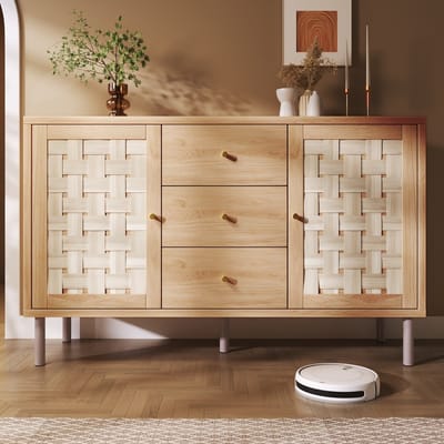 PHOEBE CAT Dressoir - Halmeubel - 3 lades - Verstelbare planken - Metalen poten - 120 x 40 x 75 cm - Eikenkleur