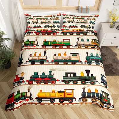 Vintage Stoomtrein Dekbedovertrek Cartoon Klassiek Spoorweg Retro Beddengoed Set Cadeau voor Meisjes Jongens Reis Locomotief Trein Bed Overtrek AU Single(140*210cm)3pcs