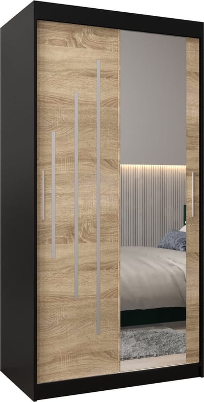 InspireMe - Kledingkast met 2 schuifdeuren, Modern-stijl, Een kledingkast met planken en een spiegel (BxHxD): 100x200x62 - MALTESE II 100 Zwart Mat + Sonoma Eik