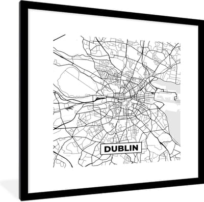 Fotolijst incl. Poster Zwart Wit- Kaart - Dublin - Stadskaart - Zwart Wit - Plattegrond - 40x40 cm - Posterlijst