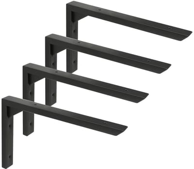 Dailygoods - Mooche 25 cm L-plankhouder, 4 stuks plankdragers, 304 roestvrij staal, metalen hoek, wandhouder, plankhoek met gebogen voor wandhouder, zwart