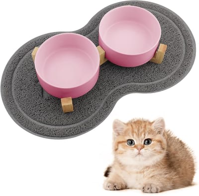 SnelShoppen - Cat Bowl Keramisch met Houder - 400 ml Voer Dispenser met 2 Schalen - Geschikt voor Katten van Alle Maten en Puppies - Roze