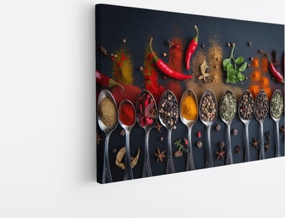 Saammp Canvas Schilderij - Lepels met specerijen - 45x30 - Foto op canvas - Wanddecoratie - Muurdecoratie keuken - Slaapkamer decoratie - Canvas Print